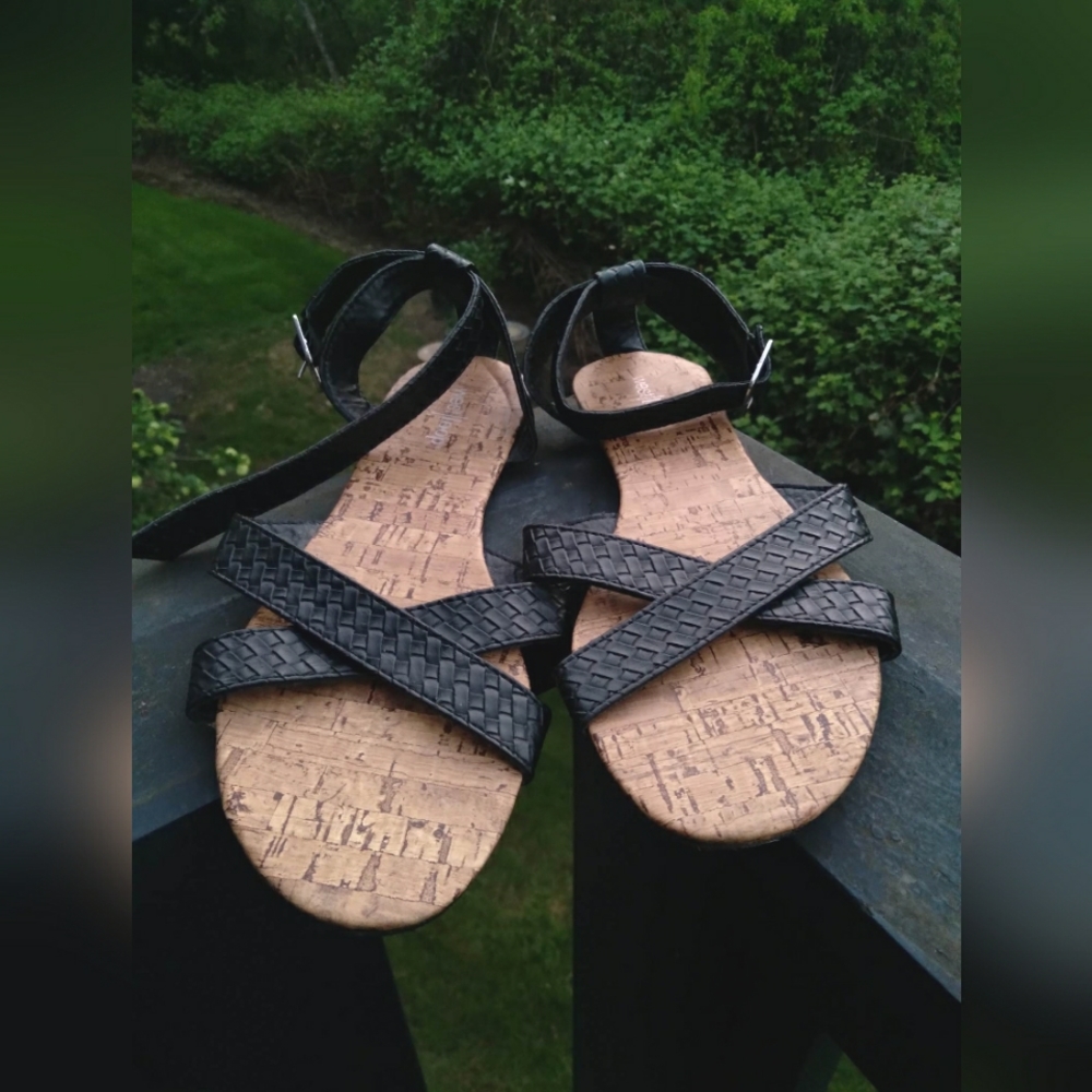 West Loop black braided ankle strap cross over sandals women's sz 7/8 M